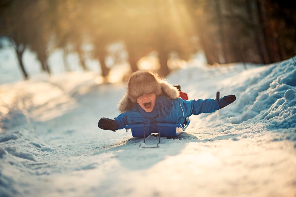 Boy using sled outside in the snow