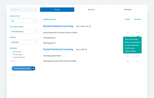 Screenshot of RethinkEd smartphone app Lesson library including Lesson Types SEL, Social Skills, and Grade 3