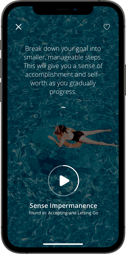 Screenshot of RethinkEd smartphone app focusing on sense impermanence and breaking down goals into smaller steps.