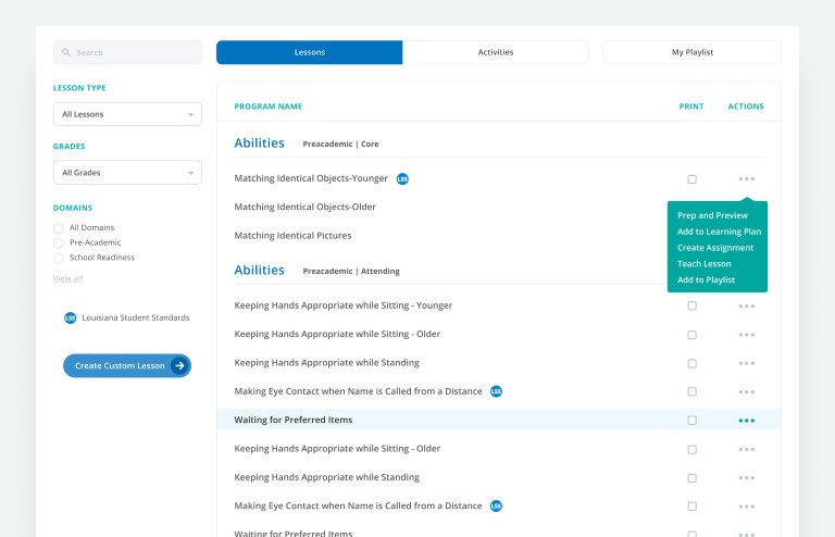 Screenshot of RethinkEd lesson library lessons filtered by lesson type, grades and domains