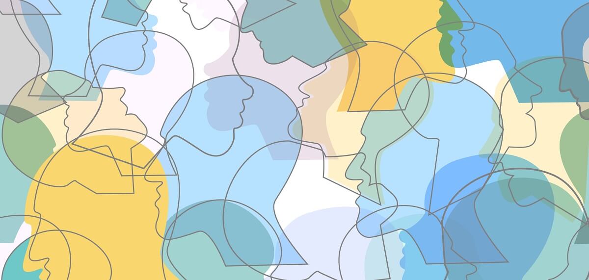 abstract illustration of outlined human heads in different colors