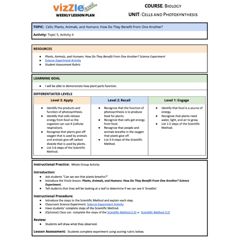 Vizzle Weekly Lesson Plan screenshot with Topic, Resources, Goals, Introduction, Instructions, Review and Assessmentc