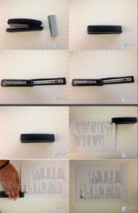 Images showing how to use a stapler by loading staples and stapling corner of papers