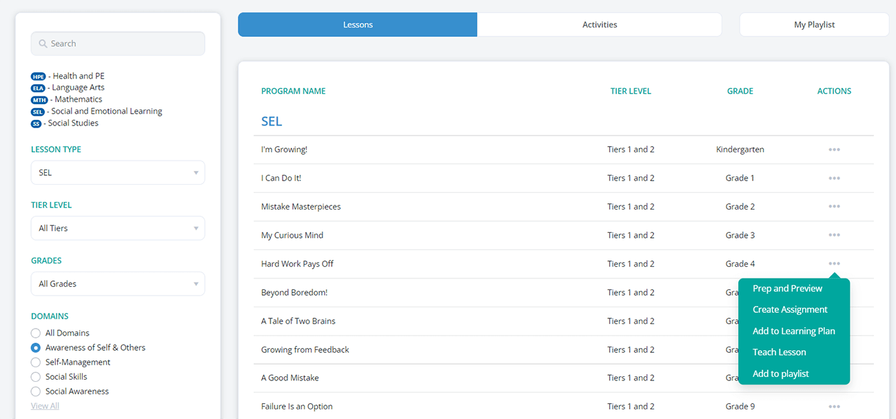 Screenshot of RethinkEd Lesson library including Lesson Types SEL, Social Skills