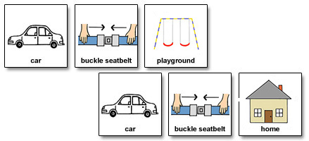 Cards showing illustrations of car, buckle seatbelt, playground, car buckle seatbelt, home