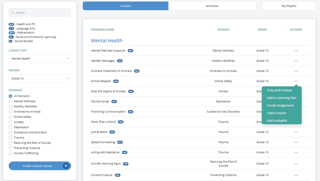 Screenshot of RethinkEd Lesson library including Lesson Types Mental Wellness - 10th Grade