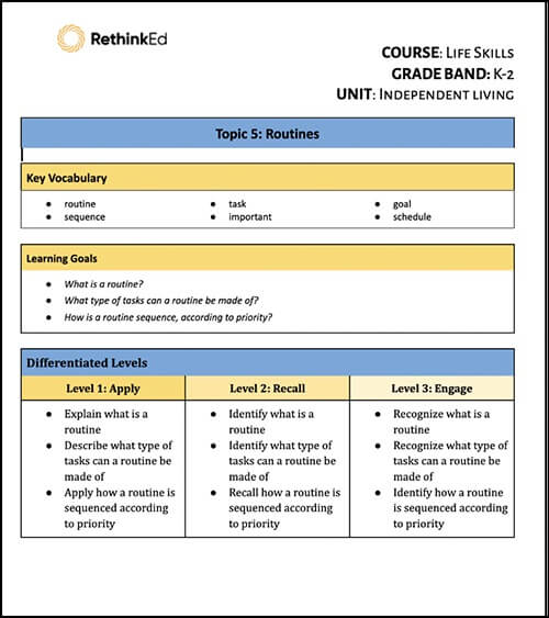 RethinkEd example sheet for Life Skills including Routines topic with vocabulary, goals, and levels