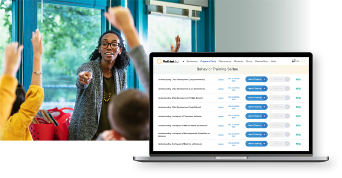 RethinkEd Behavior Suite on laptop overlapped on teacher selecting student raising hand