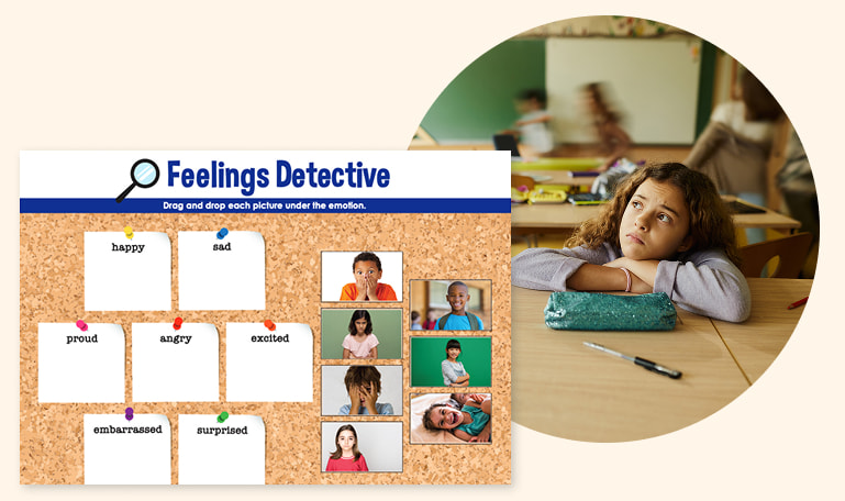 Feelings Detective on cork board and young girl looking thoughtful in classroom