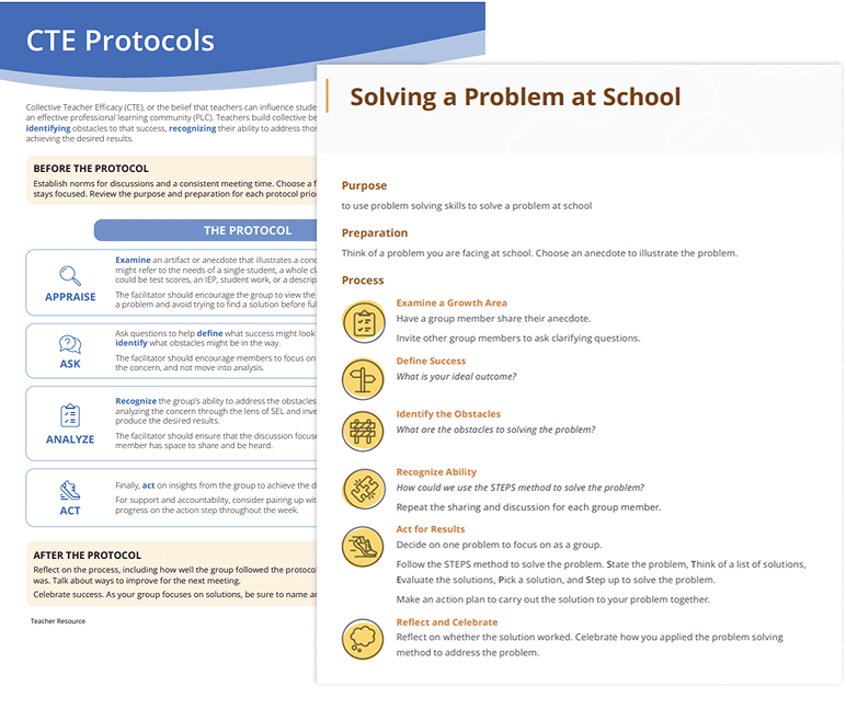 CTE Protocols and Solving a Problem at School worksheets