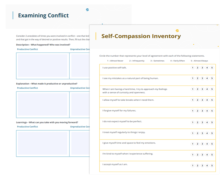 Examining Conflict and Self Compassion Inventory sheets from RethinkEd Mental Health Professional Development