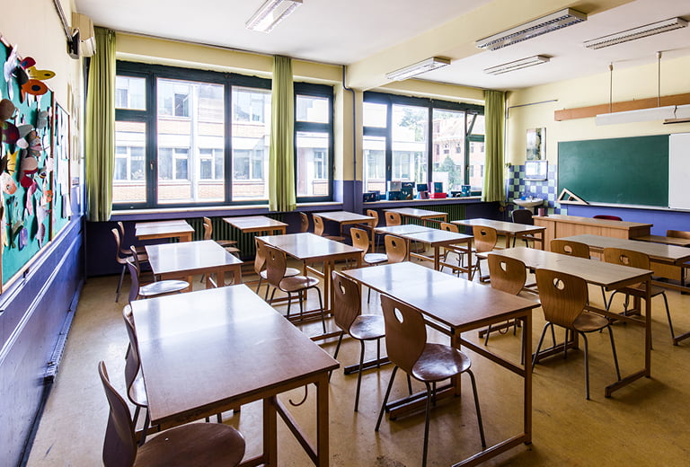 Empty elementary school classroom