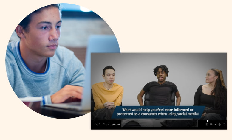 A student using LifeEd, watching a video on social media responsibility